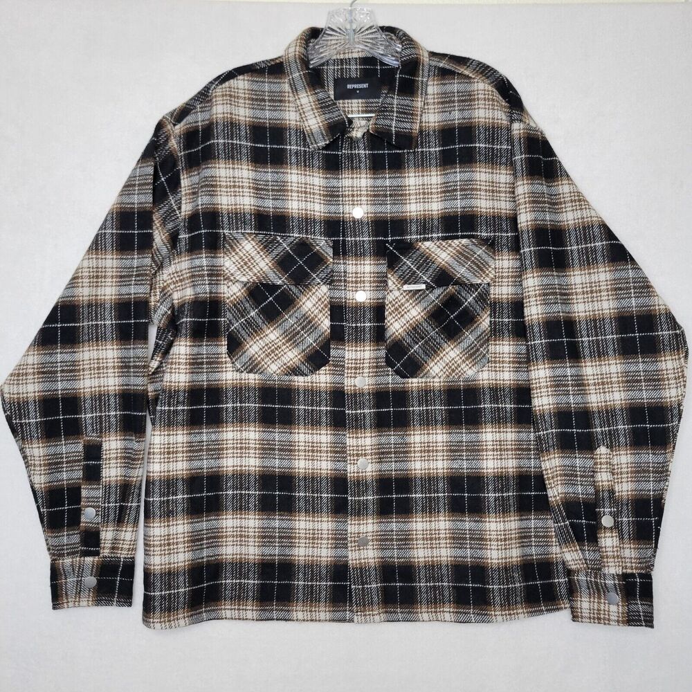 Represent Flannel Shirt Med Black/brown Button Down Cotton Oversized Shacket